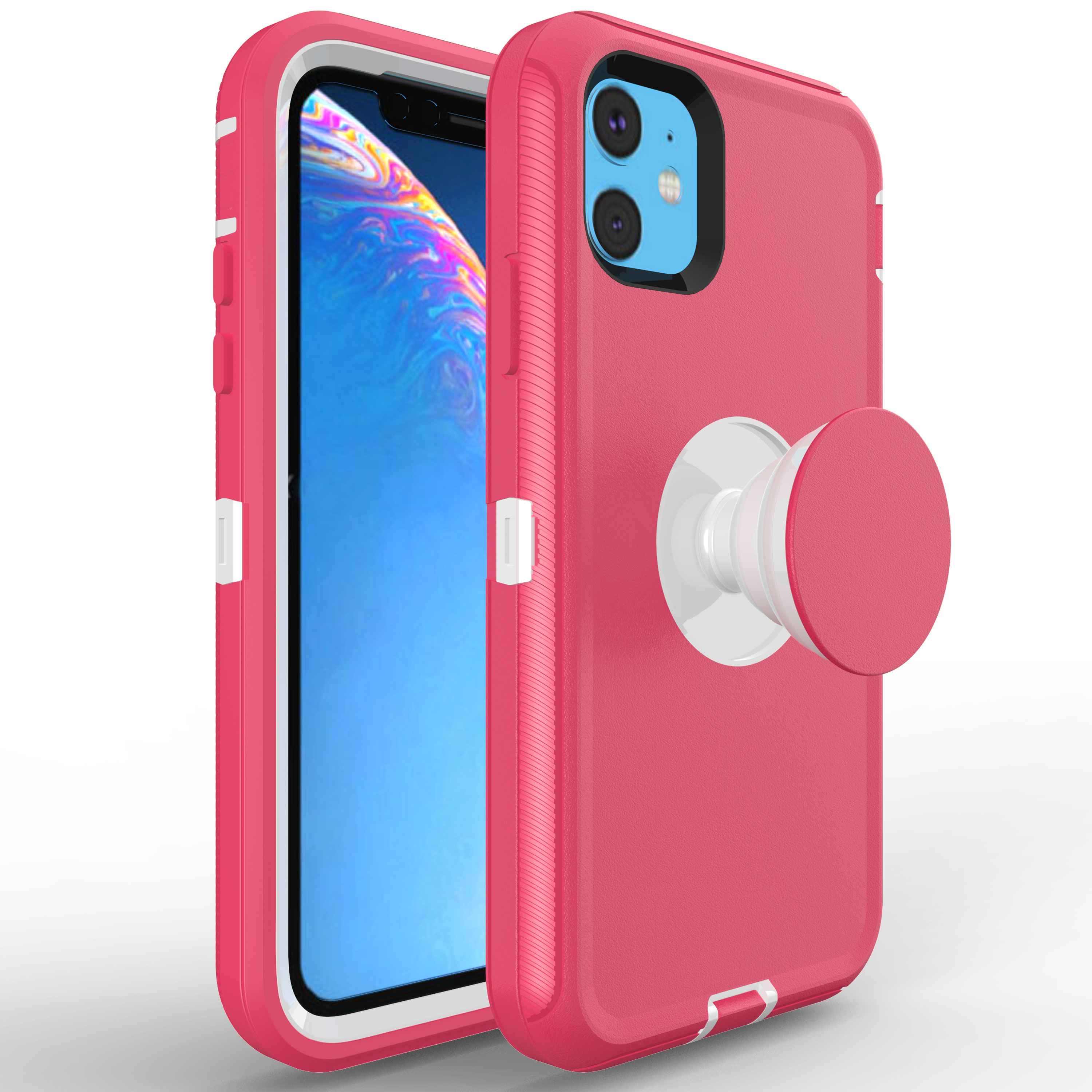 iPHONE 11 Pro (5.8in) Pop Up Grip Armor Robot Case (Hot Pink White)